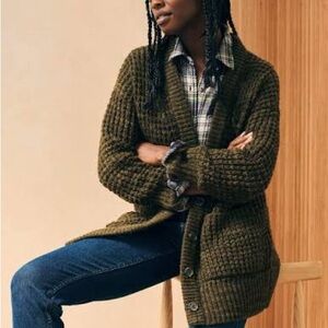 Faherty Frost Waffle Cardigan in Olive Green Cozy Baby Alpaca Blend Medium